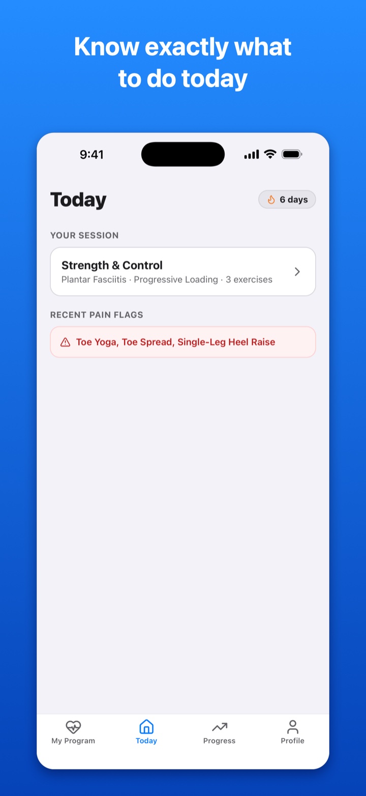 Today's session — streak and recent pain flags at a glance